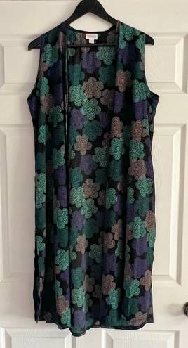 LuLaRoe Joy long black duster floral prints sleeveless cardigan size M