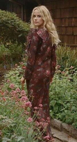 Bordeaux Doen Sz S Clover Ruffle Trim Maxi Dress in  Brown Winter Floral