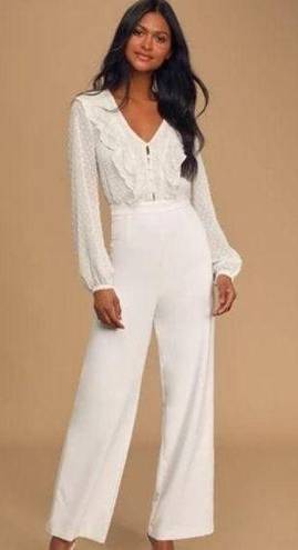 Lulus Lulu’s jumpsuit Clareese White Swiss dot ruffled long sleeve jumpsuit Medium NWT