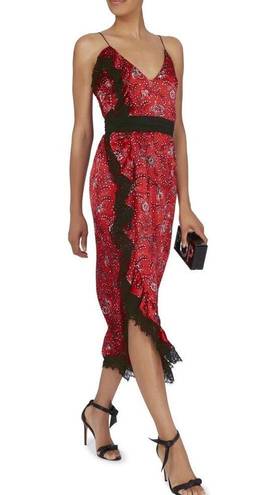 Cinq à Sept Cinq a sept Petra red silk bandanna black lace trim midi slip dress size 4