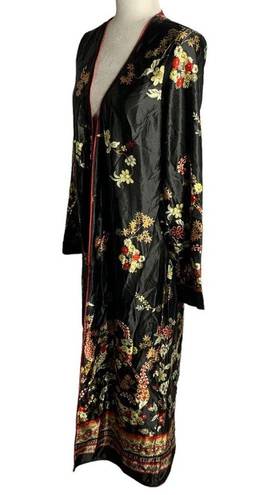 Honey Punch  Asian Print Robe Duster S Black Floral Long Sleeves Belt Loops