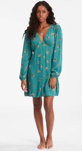 Billabong Blue Teal Floral Days on End Long Sleeve Button Mini Dress size XL