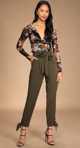 Lulus  Olive Green Outstanding Effort Cotton Blend Paperbag Waist Trouser Pants