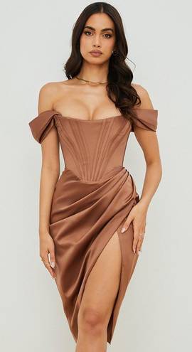 House Of CB NWOT  Loretta satin off shoulder dress size xs- Toffee