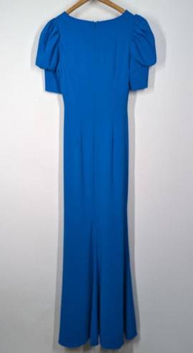 Badgley Mischka  Odessa Split Front Crepe Gown V-Neck Puff Sleeves Blue Size 0