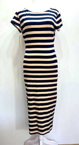 RD Style NEW  Navy & Beige Striped Open Back Cap Sleeve Fitted Maxi Dress Small