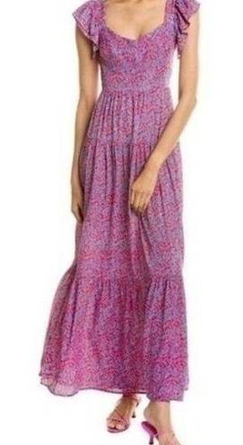 Sabina Musayev Truly Metallic Maxi Dress Pink Blue Floral Lace Up Back Size XS