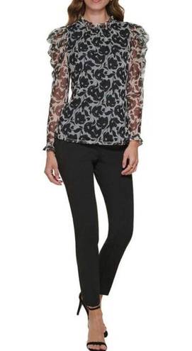 DKNY  FLORAL Long Sleeve Ruffle Neck Blouse Top SIZE SMALL white black