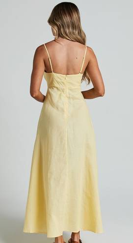 BRETTE MIDI DRESS - LINEN LOOK STRAIGHT NECK STRAPPY FIT AND FLARE DRESS IN LEMON