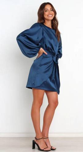 Petal and Pup  Opal Navy Blue Satin Long Balloon Sleeve Wrap Mini Dress 4