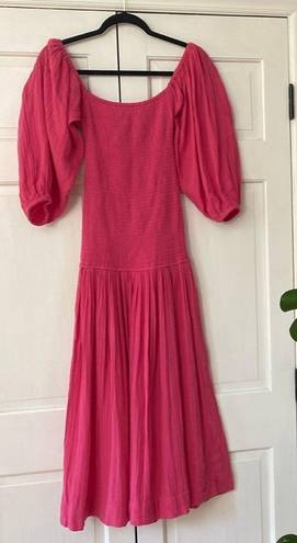 Harper RHODE  Smocked Off Shoulder Puff Sleeve Hot Pink Midi Dress Gauze Cotton