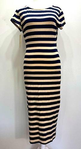 RD Style NEW  Navy & Beige Striped Open Back Cap Sleeve Fitted Maxi Dress Small