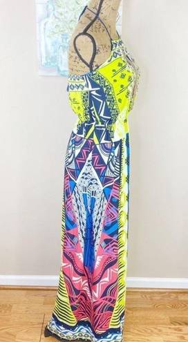 Alya  Beaded Embroidered Tassel Tie Halter Neck Maxi Dress Multicolor Small