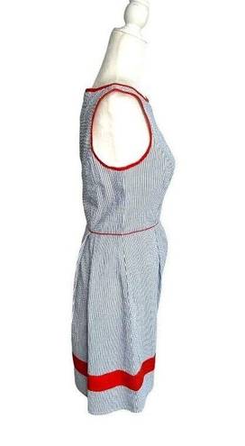 Jessica Simpson  Blue White Seersucker Stripe Dress Orange Trim Pockets SIze 4