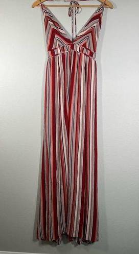 Hommage V-Neck Halter Maxi Sun Dress - Red/Pink Multicolor Stripe - Small