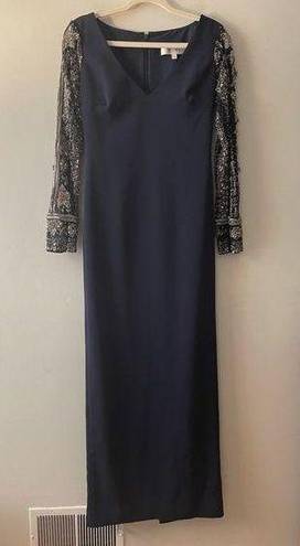 Badgley Mischka  Evening Gown Navy Blue Silver Accents Mesh Sleeves V-Neck Size 4