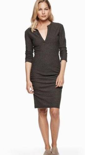 James Perse Henley Dress Deep Charcoal Melange Heathered V-Neck Ruched Mini 0 XS