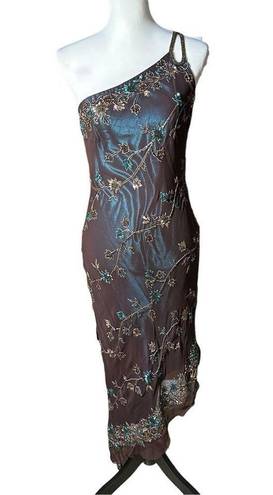 Scala Women's  Brown & Teal Blue Beaded Floral One-Shoulder Asymmetric Dress Sz L