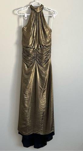 Halston Heritage  Women’s Gold Ruched High Neck Gown Size 2