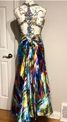 Tony Bowls Multi Cocktail Prom Gown Slit Split Formal Evening Cutouts Embellished Crystal Beaded Crisscross Straps Satin Bright Tropical Funky Indie Colorful Coastal Coquette 