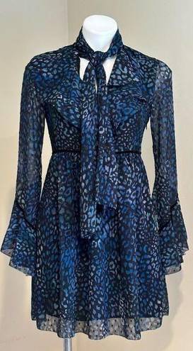 Laundry by Shelli Segal   Blue Cheetah Chiffon Sheer Mini Dress Tie On Neck