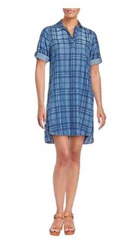 Beach Lunch Lounge Womens Blue Plaid Denim Chambray Roll Tab Sleeves Dress Sz XS