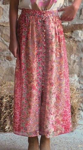 La Petite Etoile Patchwork Floral Print Midi Skirt Size S Button Front Slit Boho