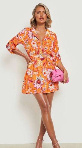 Boohoo  Floral Print Belted Shirt Dress Hippie Vintage 70’s