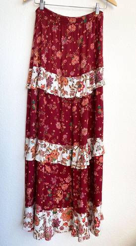 Farm Rio  Antrhopologie Red Ruffle Floral Maxi Skirt