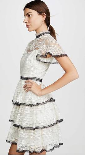 Shoshanna Stacia Lace Tiered Polka Dot Knee Length High Neck Black trim on neck/sleeve/bottom Hidden back zipper A flutter sleeve ballet lace fit-and-flare mini dress with ruffle detail below the waist ivory cream Kentucky Derby mock sheer layer