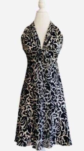 White House | Black Market WHBM Halter Dress Black Cream Floral Sleeveless Silk Flowy Halter Dress Size 4