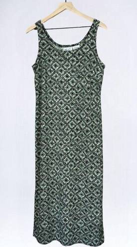 Kathie Lee Collection Kathie Lee VTG 90s Black & Green Abstract Floral Sleeveless Straight Midi Dress 