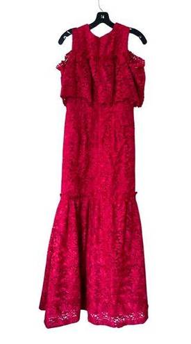 Monique Lhuillier  Lace Sleeveless Ruffled Tiered Maxi Gown Dress Fuschia Sz 8