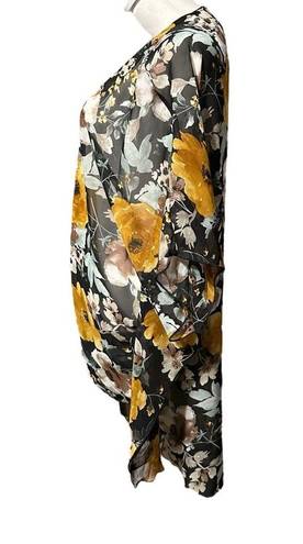 Emory park  Women Yellow & Black Floral Print Kimono Wrap Beach Cover Up Size L