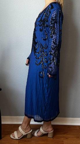 Oleg Cassini Vintage  Blue Beaded Silk Shift Dress Size 14