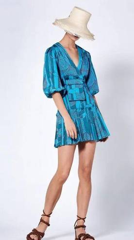 Alexis Sakura Blue Green Tropical Pleated Puff Sleeve Mini Dress sz XS $495