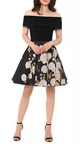 Betsy and Adam NWT  Women’s Off the Shoulder Metallic Floral Black & Gold Dress Size 12