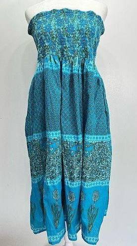 Funky People Turquoise Boho Mixed Floral Smocked Strapless Midi Sundress Large