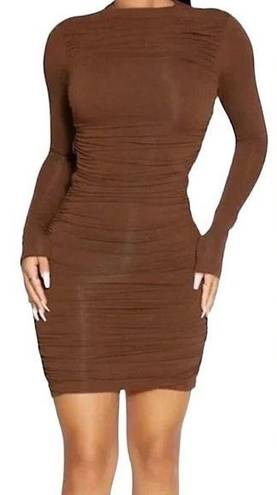 Naked Wardrobe  RUCHED LONG SLEEVE CUTOUT MINIDRESS IN CHOCOLATE Size Large