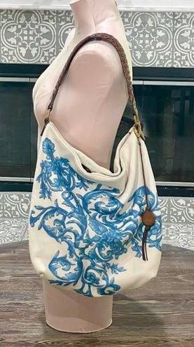 Elliott Lucca Blue & Cream Floral Pebbled Leather Hobo Bag Purse