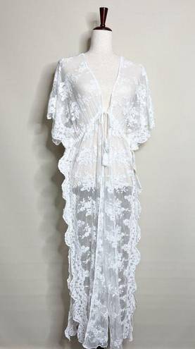 Edge UNBRANDED | Floral Lace Kimono Sleeve Cover Up White Scalloped  Tie Waist OS