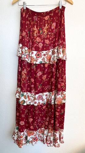 Farm Rio  Antrhopologie Red Ruffle Floral Maxi Skirt