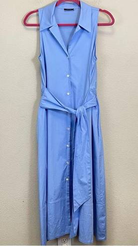 Natori  Cotton Poplin Belted Shirt Dress Midi Length Sky Blue Size S