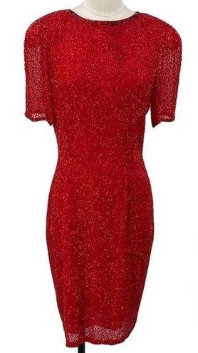 Oleg Cassini Vintage  Beaded Silk Mini Dress Short Sleeves Cocktail Red Womens 6