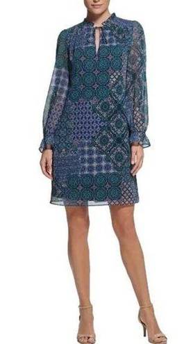 Jessica Howard  Blue Patchwork Print Blouson Long Sleeves Shift Dress Size 16 NEW