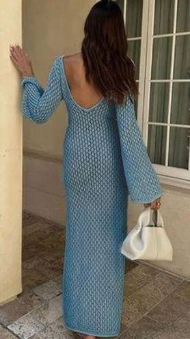 Crochet long sleeve bell sleeve blue dress Size M