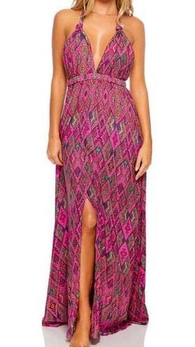 Luli Fama  Vamos A Cabos Deep Plunge along Maxi Halter Dress Size Small Multicolo