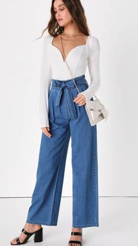 Lulus Streamline Medium Blue Chambray Paperbag Wide-Leg Trouser Pants