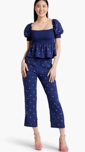 Hill House  Jeweled Jammie Top in Navy Blue Puff Sleeves