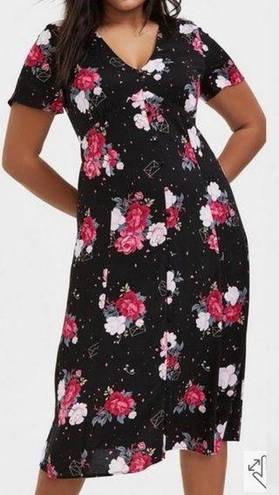 Torrid  Midi Challis Button-Front Dress Floral Envelope Pattern Sz 4 Black